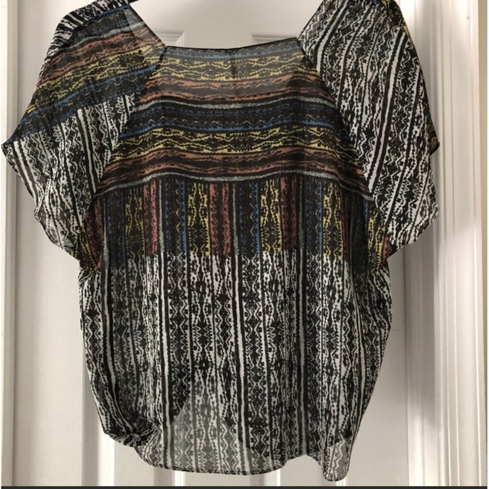Free People Blouse Women's XS Multicolor Abstract Sheer Square Neck - Picture 2 of 7